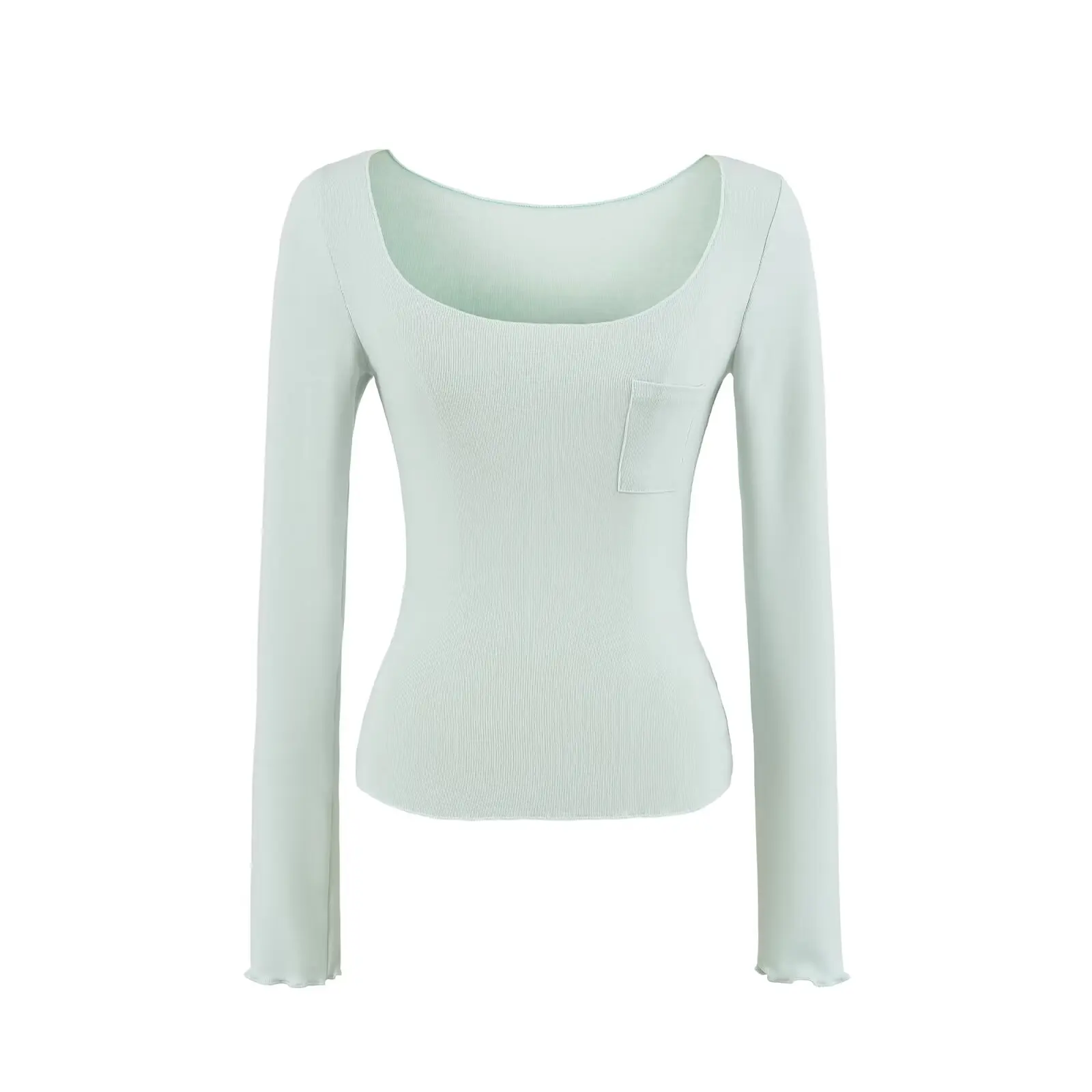 Slim Fit Long Sleeve T-Shirt Women's Autumn Versatile Waist-Cinching U-Neck Pocket Detail Sexy Chic Pure Desire Style Top