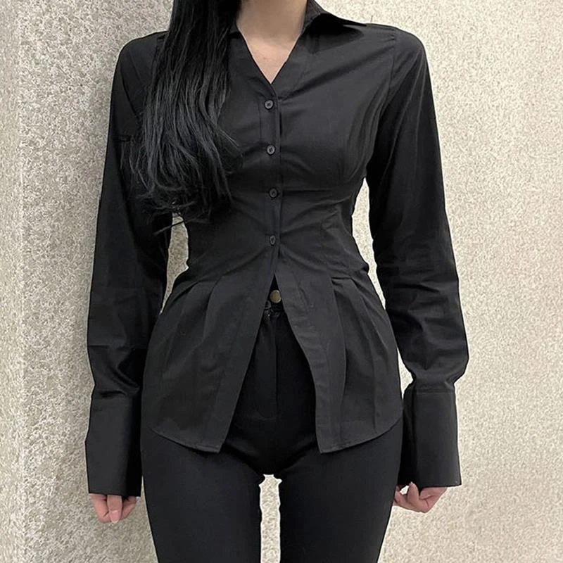 MEXZT Y2K Women Slim Blouses Office Lady Fashion Long Sleeve Folds Chic Shirt Vintage Streetwear Korean Sexy Skinny Casual Tops