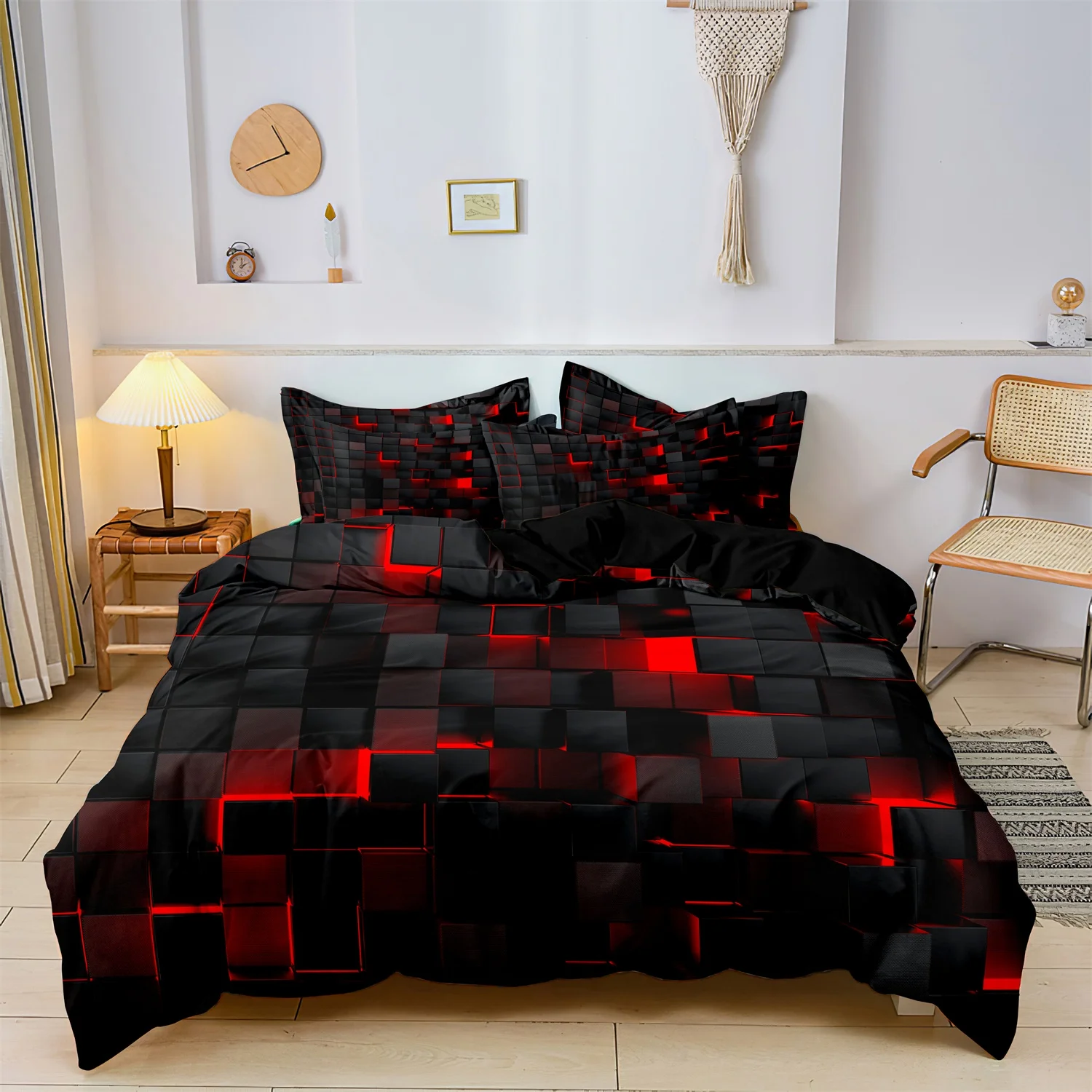 Black Square Geometric Duvet Cover Set 3D Square Pattern Comforter Cover Kids Teenagers Boys Bedroom Decor Blue Creative Bedding
