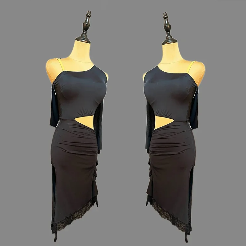 

Slanted Shoulder Sleeveless Latin Dance Dress Women Rumba Salsa Stage Dresses Children Performance Practice Costume