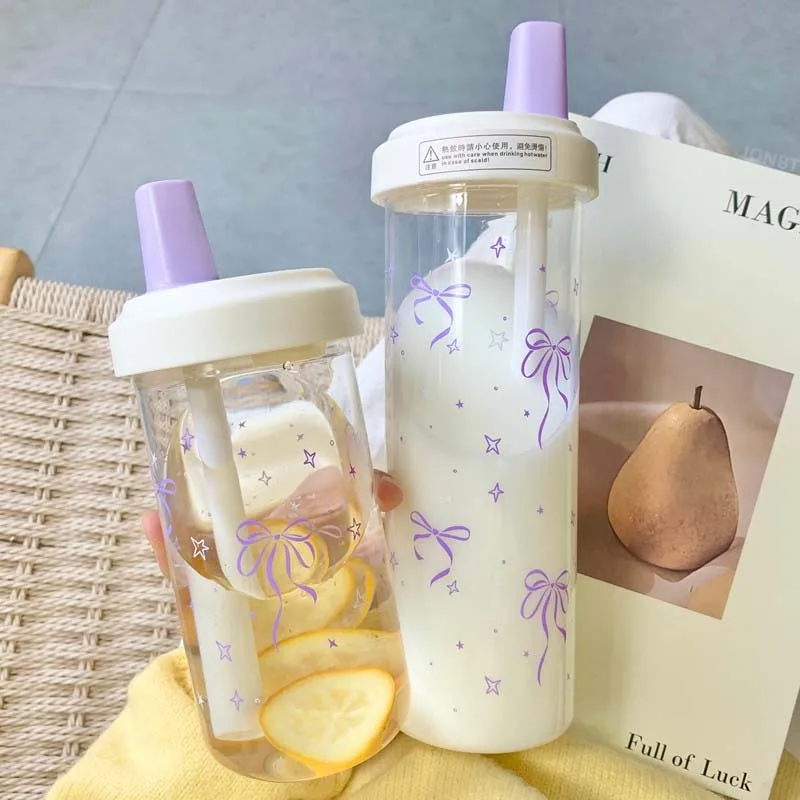 

Original Design Purple Bow Water Cup With Straw Cute Coffee Bubble Milk Tea Plastic Cup Large Capacity Students Water Bottle New