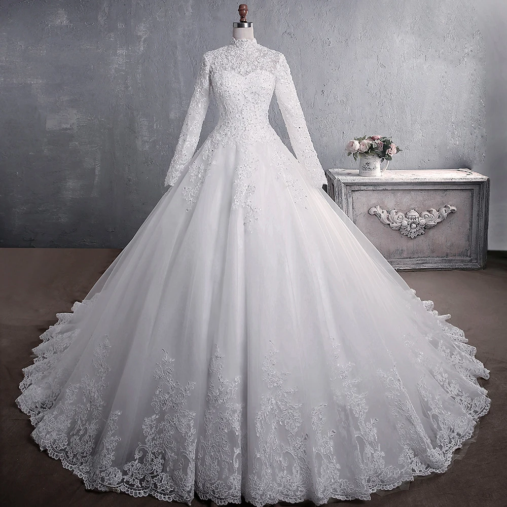 Customized Ball Gown Women Wedding Dresses High Neck Long Sleeves Appliques Bridal Gowns Formal Vestido De Noiva robe de mariée