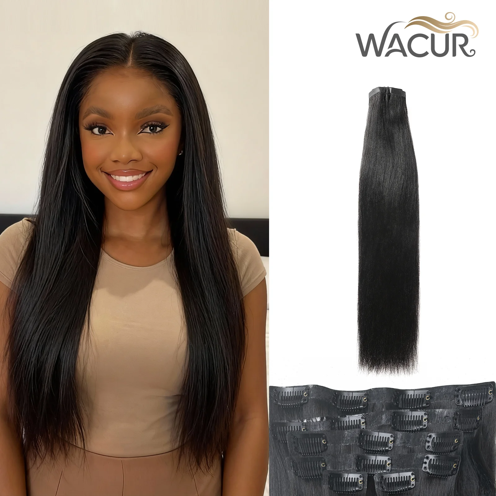 Raw Unprocessed 110g 6Pcs/Set Seamless PU Clips in #1B Natural Color Human Hair Extensions PU Weft Invisible Yaki Straight Hair