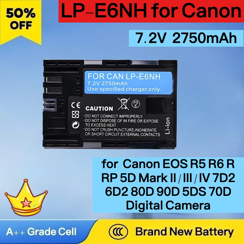 2800mAh Decoded LP-E6NH Battery Compatible with Canon EOS R5 R6 R RP 5D Mark II/III/IV 7D2 6D2 80D 90D 5DS 70D Digital Camera