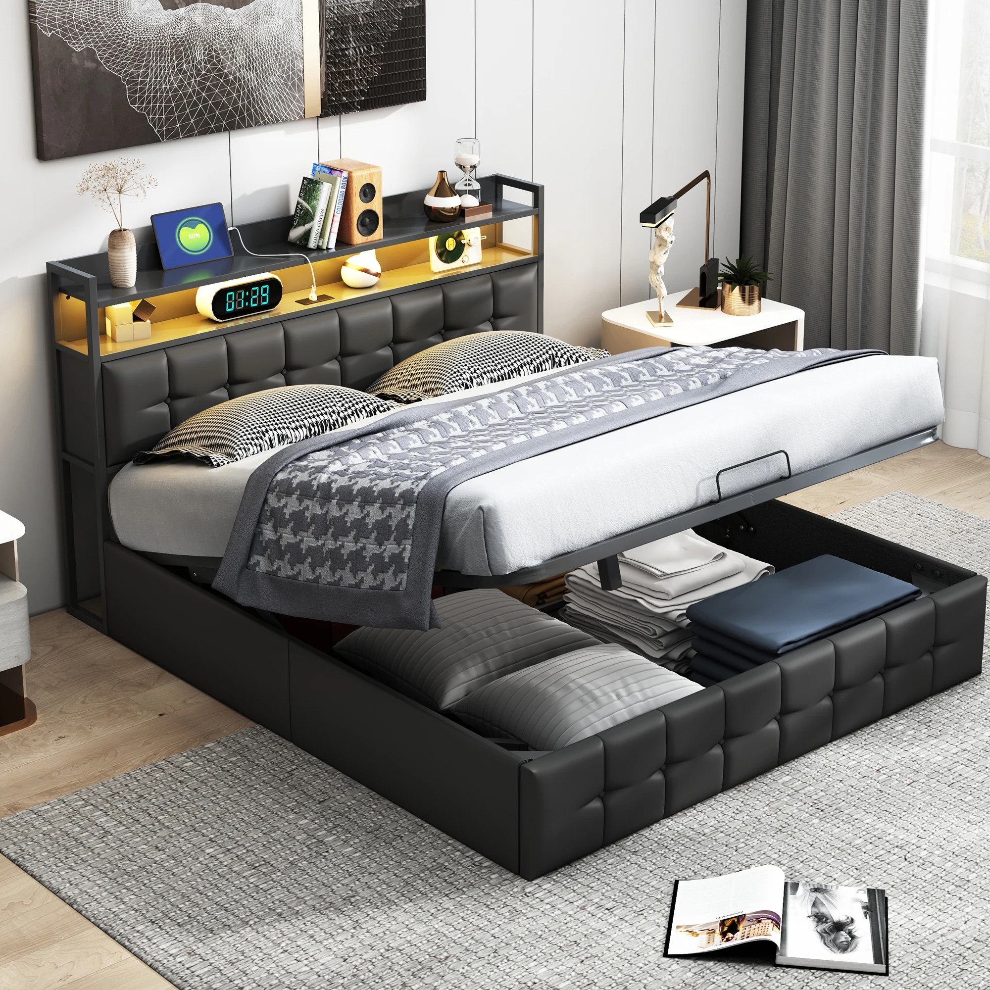 Lit rembourré Fangange, lit double 140/160x200cm avec LED et USB, lit de rangement hydraulique, lit d'appoint, lit pour jeunes, PU/lin