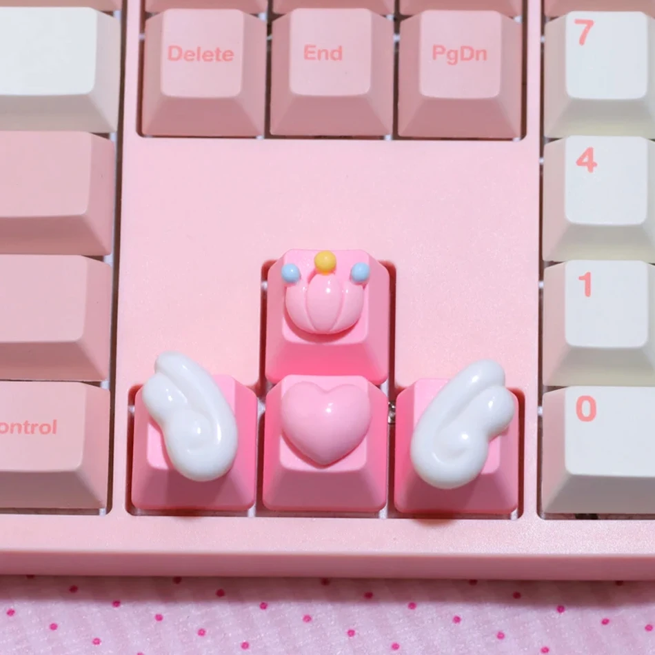 5pcs Pink Mechanical Keyboard Directional Keycaps Cute Wings Love Crowns for Long Nails Manicure Raised White Gaming Keycaps
