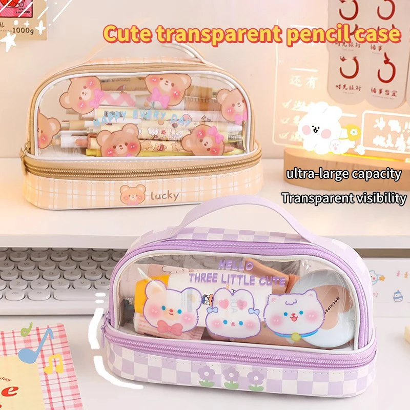 Cute Cartoon Large-capacity Transparent Double-layer Pen Case Dirt-resistant High-color Stationery Storage Pen Bag