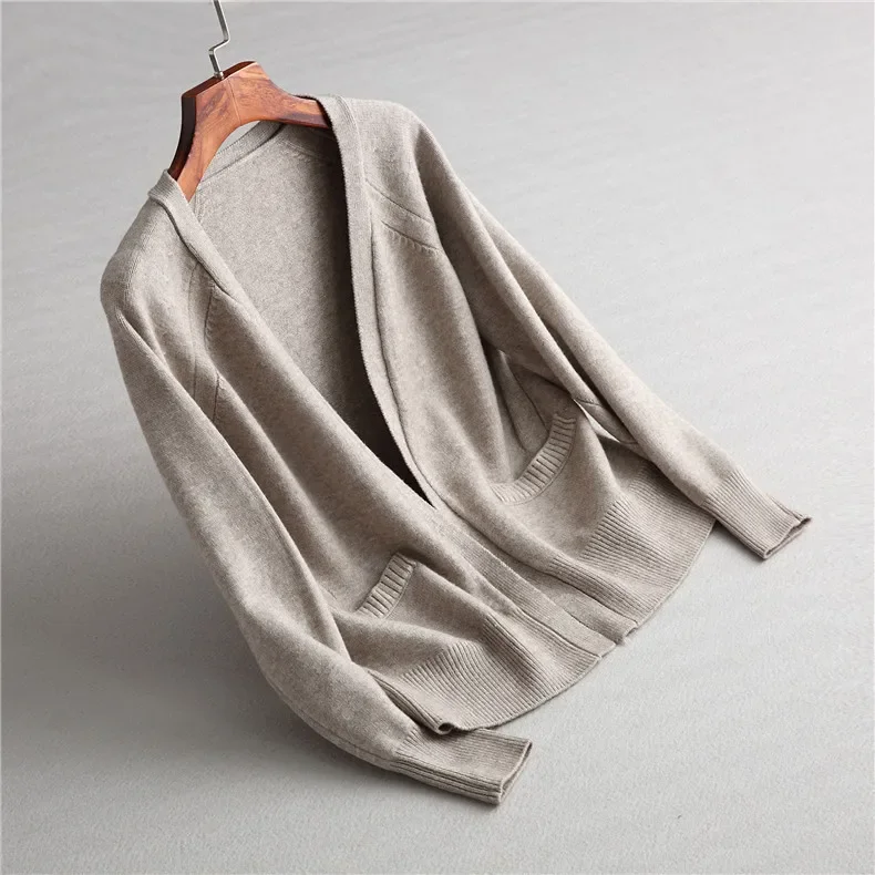 Neue Frauen Frühling Herbst Pullover Strickjacke Mode v kragen einfarbig Wolle Mischung Tasche Lose Stricken Pullover Outwear Mantel