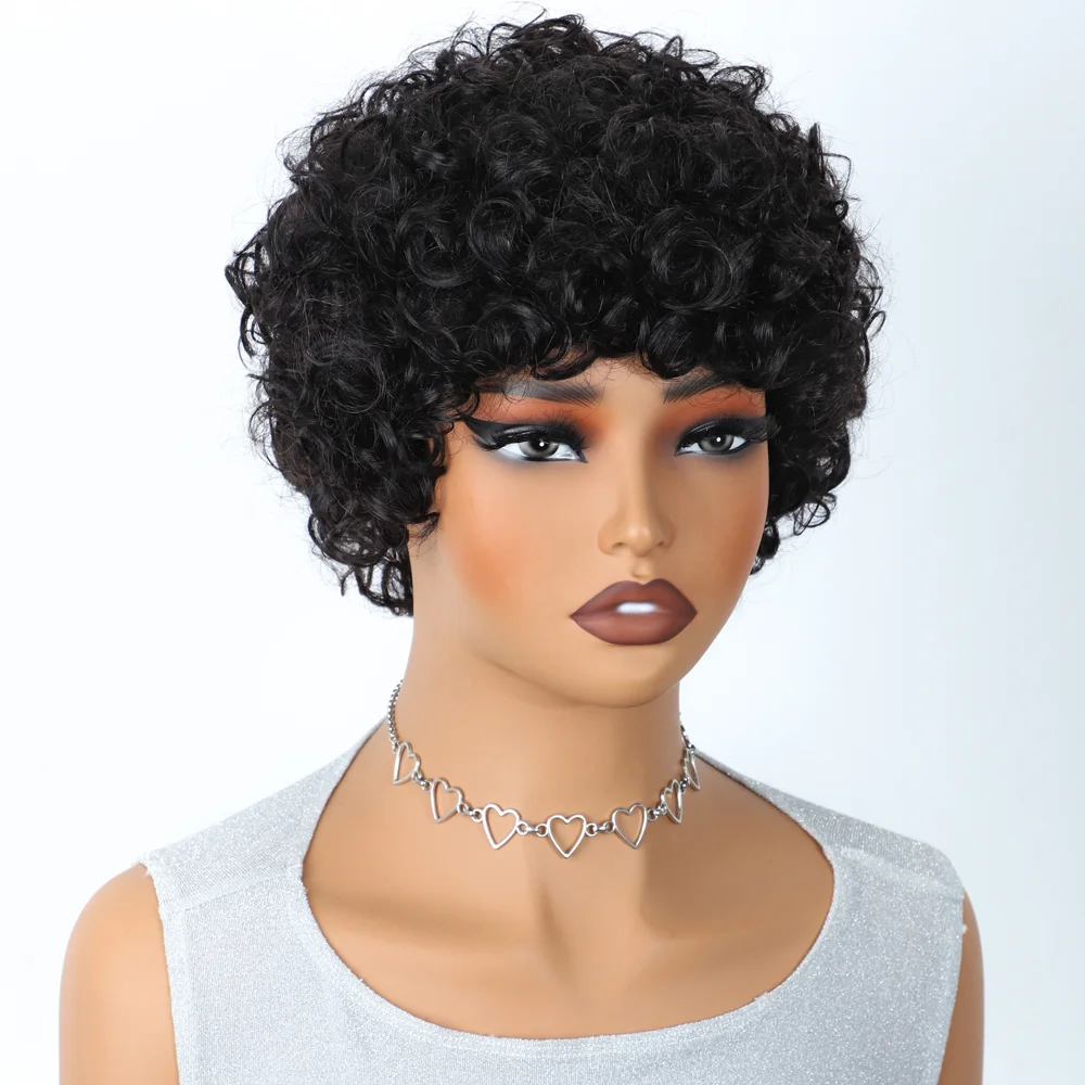 Short Brazilian Jerry Curl Human Hair Wigs With Bang Nature Black Dark For Women Kinky Curly Remy Hair machine made
