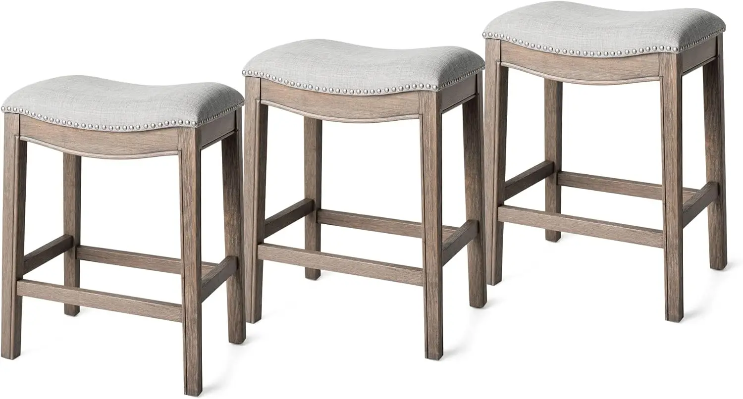 Maven Lane Adrien 26 Inch Counter Height Upholstered Backless Saddle Barstool In Reclaimed Oak Finish With Ash Grey Fabric