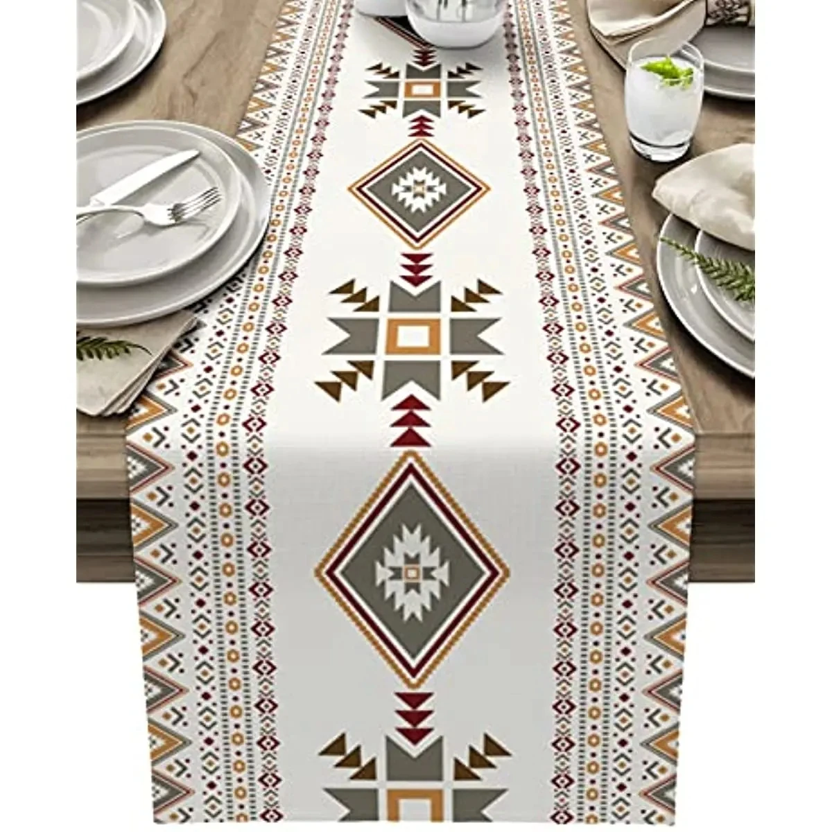 

Retro Geometric Figure Floral Linen Table Runner Farmhouse Holiday Party Decoration Table Runner for Kitchen Dining Table Decor