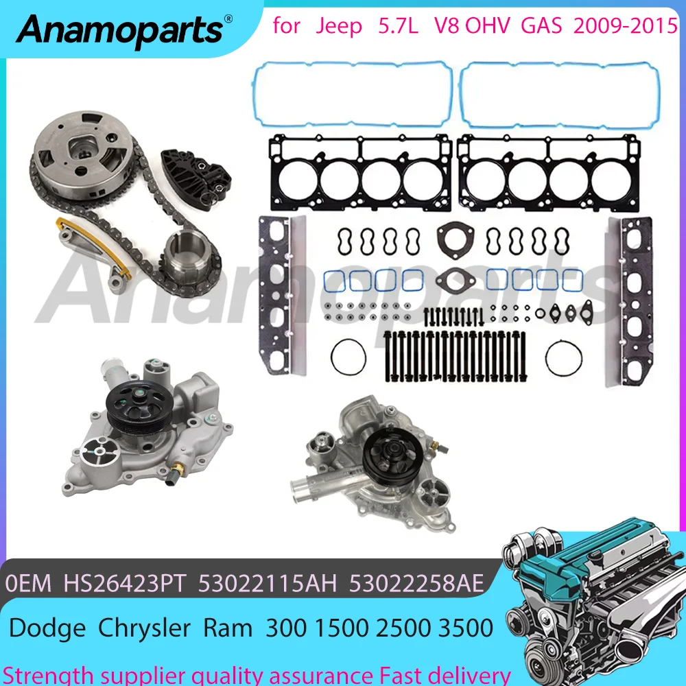 Timing chain Head Gasket water/oil pump set Overhaul Rebuild for 09-15 Chrysler Dodge Jeep Ram 1500 2500 3500 5.7L V8 OHV GAS