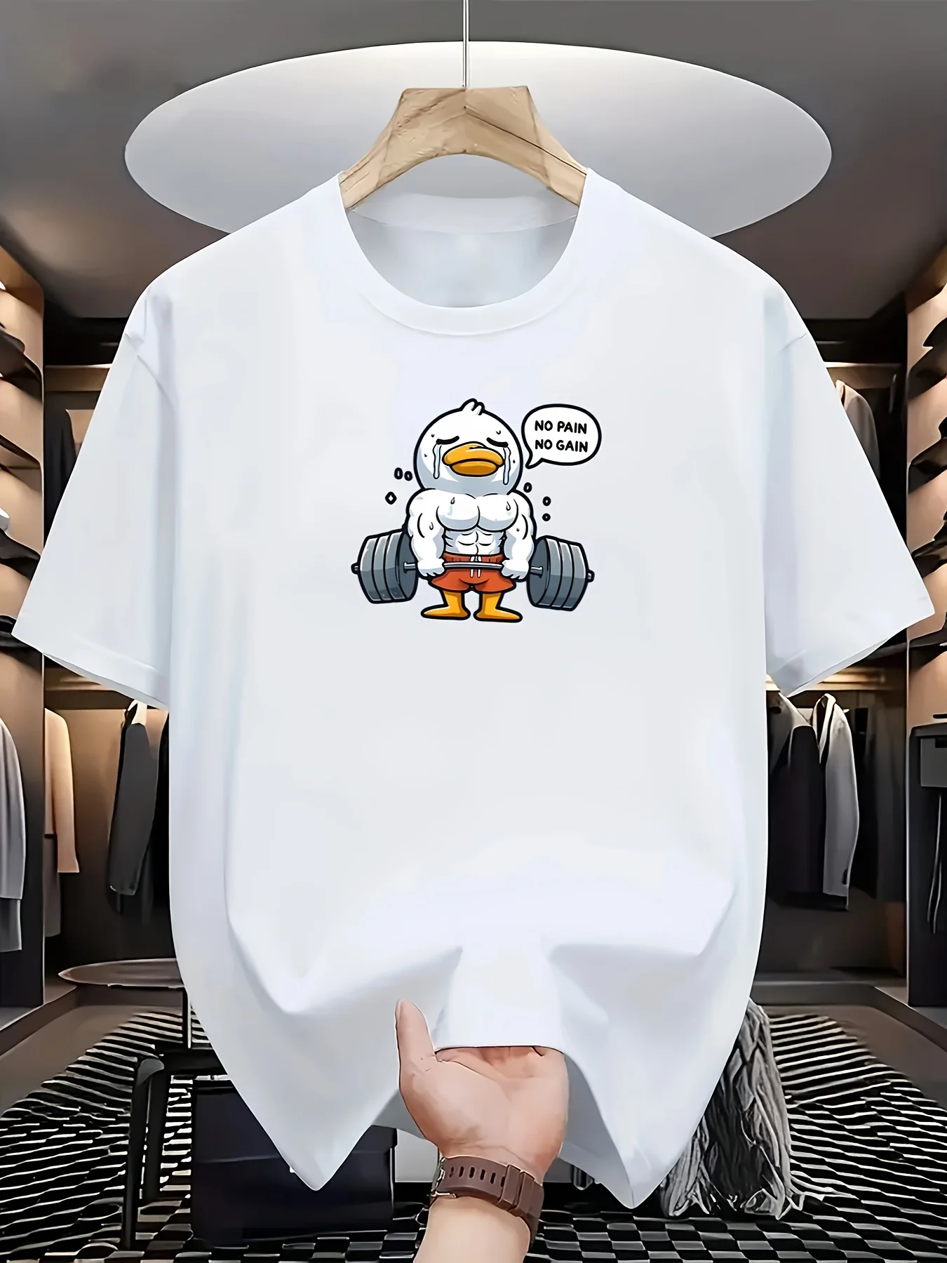 Men's Round Neck T-shirt with Duck Fitness Pattern Casual Sports Short Sleeved T-shirt Multifunctional Knitted Fabric Women's