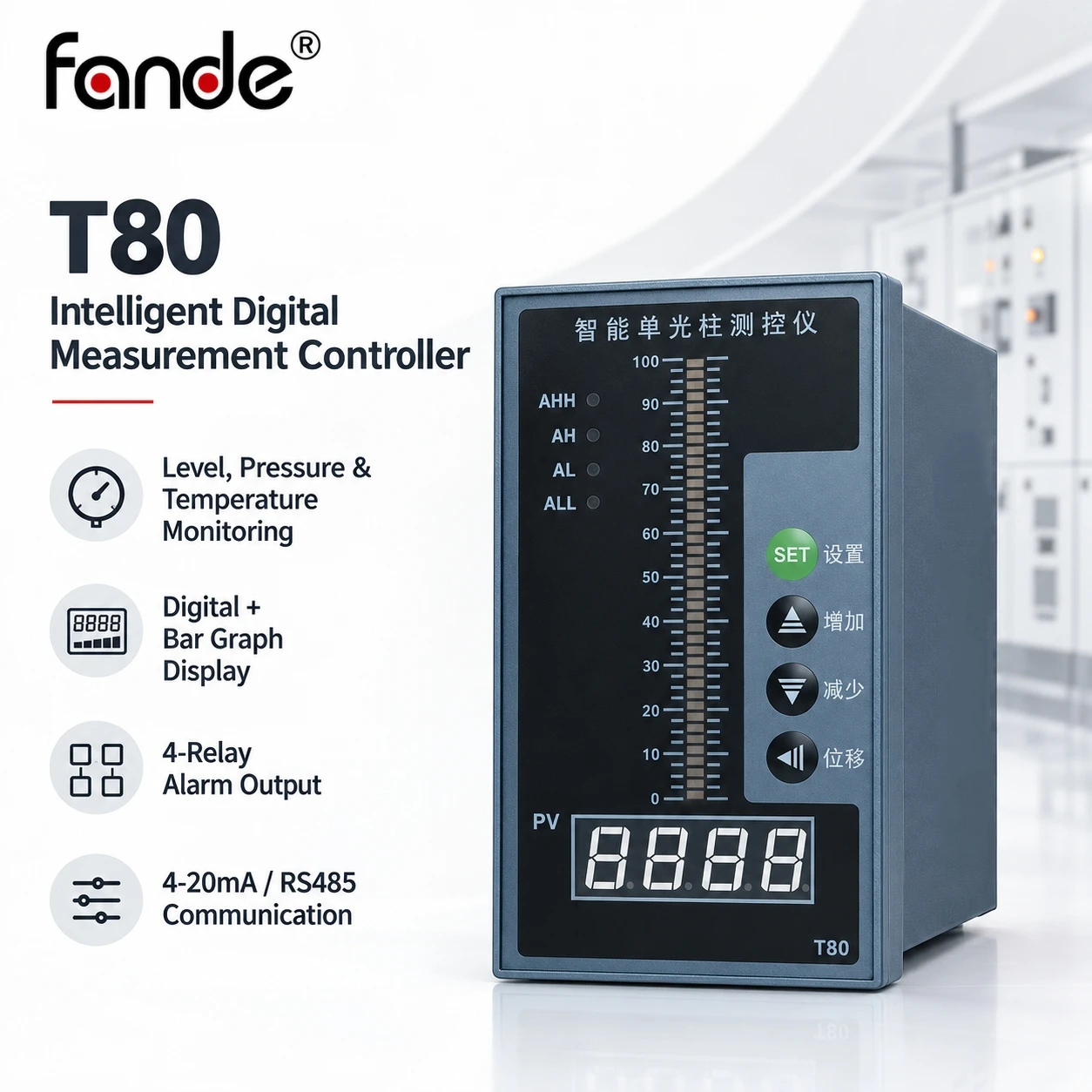 Digital Measurement Controller Water Level Pressure Temperature Indicator 0.2%FS 4 Relay 4-20mA RS485