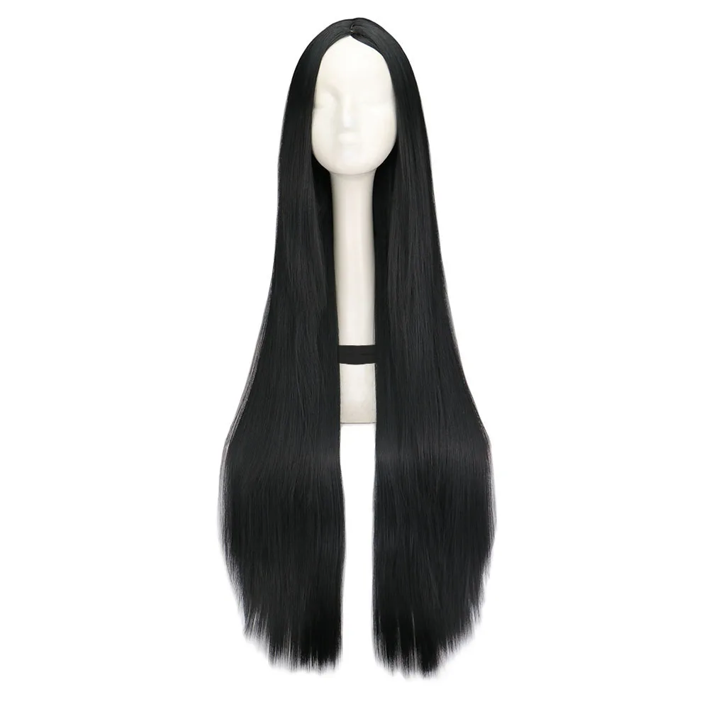 QQXCAIW コスプレ 100 センチメートルロングナチュラルブラック人工毛ウィッグハロウィンウィッグアニメコスチュームストレート耐熱ウィッグブラック