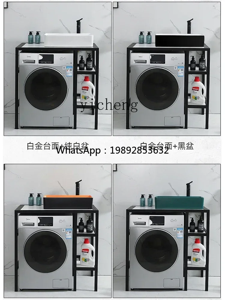 Meuble de balcon CW1 intégré pour machine à laver et lavabo, avec étagère pour machine à laver et plateau en céramique.