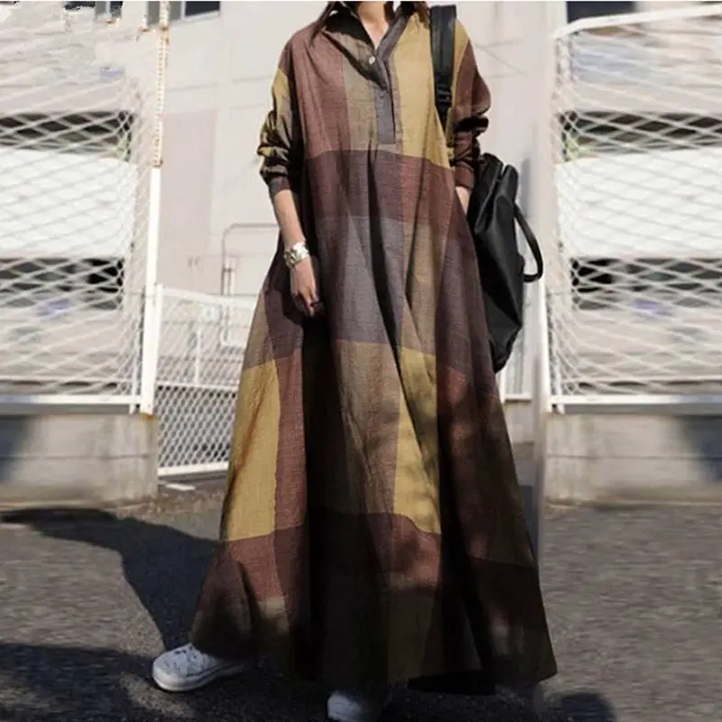 2024 Fashion Casual Versatile Women's Fashion Robe Cotton and Hemp Retro Ethnic Style Printed Simple and Comfortable Long Dress