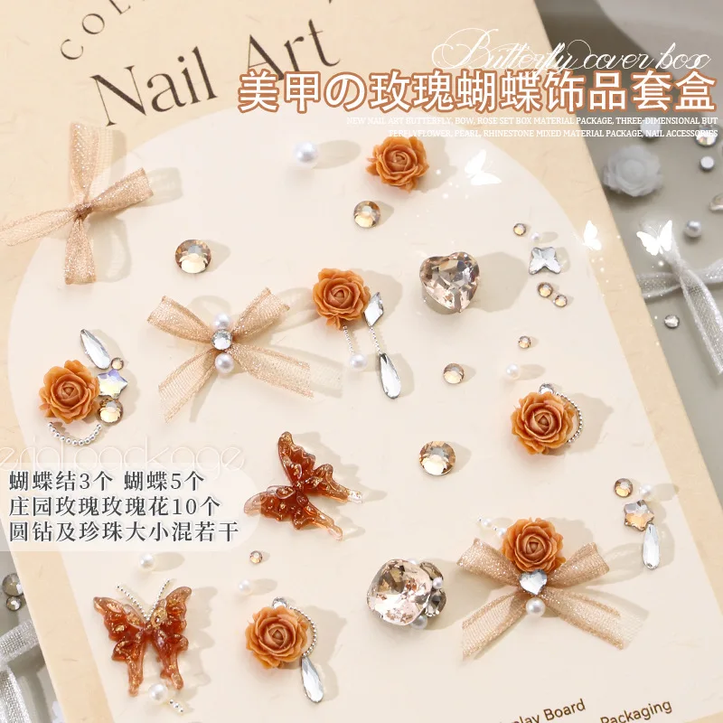 1 Opakowanie Mieszanych Ozdób do Paznokci: Akrylowe Motyle, Kokardki z Organzy, Cyrkonie, Perły - Akcesoria do Dekoracji Paznokci