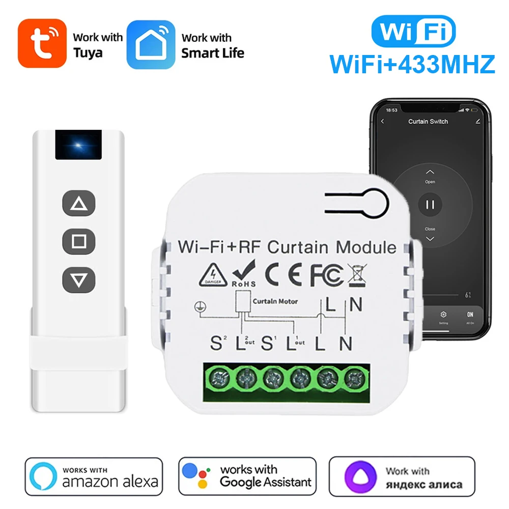 وحدة تبديل ستارة Tuya الذكية واي فاي ، مصراع دوار كهربائي ، محرك أعمى ، تحكم صوتي ، يعمل مع اليكسكا ، أليس ، جوجل المنزل ، RF433