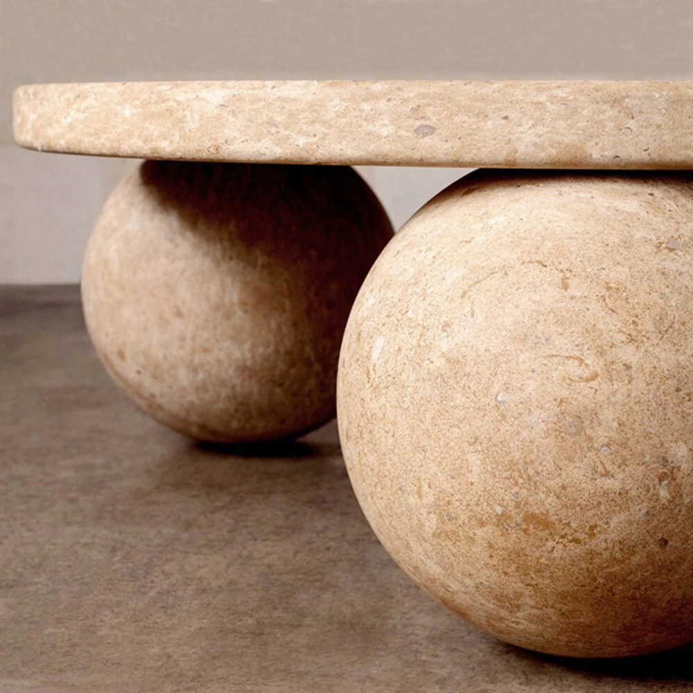 Home Furniture Round travertine stone coffee table with 3 round bowl