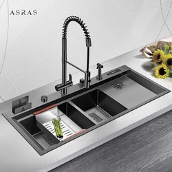 ASRAS Large Size Nanometer Double Sink Cup Rinser Kitchen Sink 4mm Thickness 220mm Depth With Knife Holder Handmade Sinks