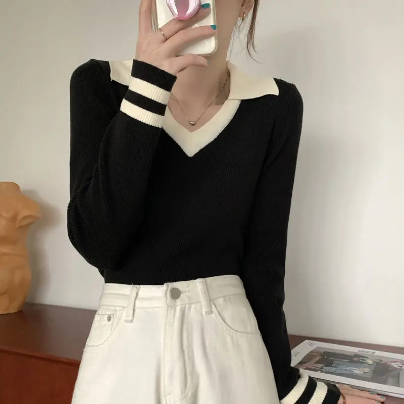 Women Clothing All-match Slim Long Sleeve Knit Pullovers Autumn Elegant Fashion V-neck Patchwork Sweaters Office Lady Sweet Tops