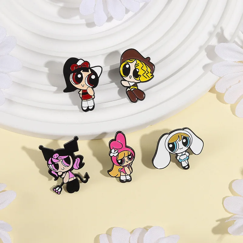 5 قطع مضحك الكرتون Powerpuff الفتيات المينا دبابيس لحقيبة الظهر بروش اكسسوارات أنيمي مجوهرات الملابس دبابيس هدية للأطفال