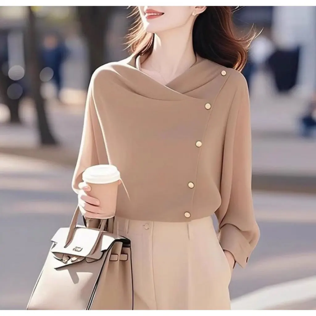

Women's Long Sleeve Sweater Spring Autumn Hong Kong Style Loose Slimming Swing Collar Beautiful Wear for All Body Types