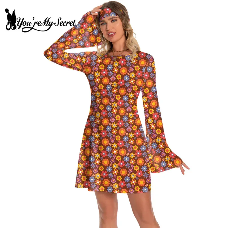 [أنت سري] فستان نسائي 60s 70s Go Go Retro Hippie Boho مزين بالزهور ديسكو فستان الهالوين للحفلات التنكرية