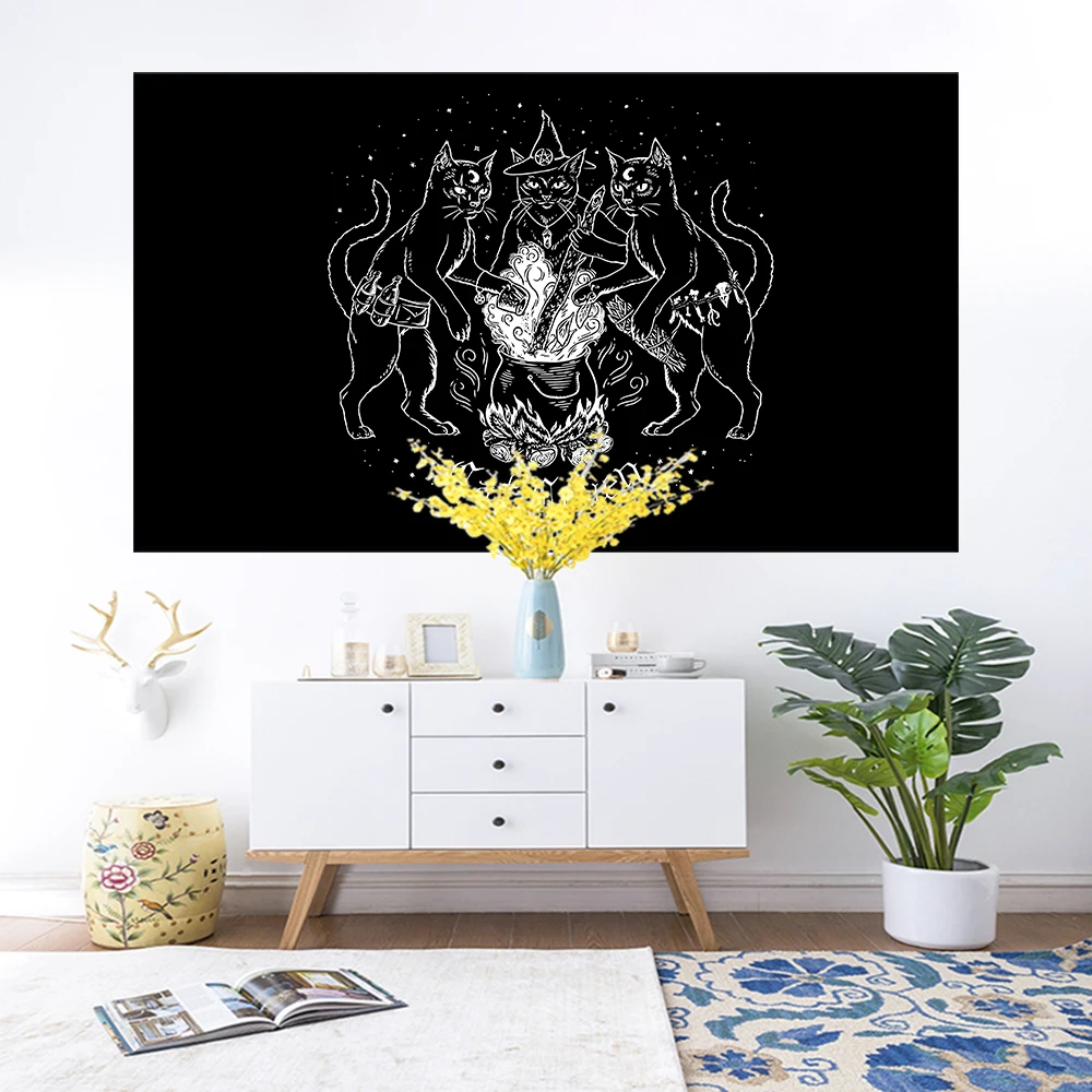 Cat Mysterious Divination Witchcraft Tapestry Wall Hanging Tapestries Baphomet Occult Home Wall Black Cool Decor Cat Coven