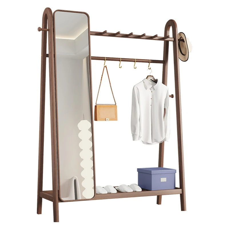 Solid wood hanging clothes rack, floor to floor bedroom clothes rack with mirror, integrated clothes rack, fitting mirror,