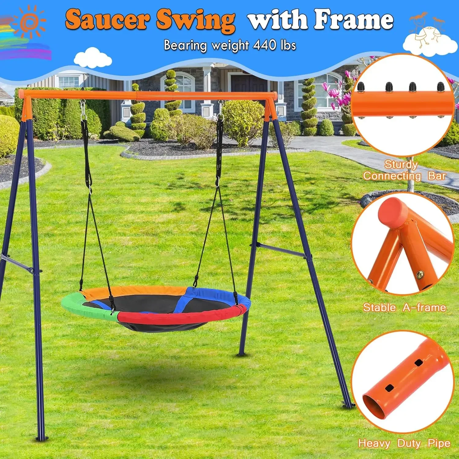 440lbs Saucer Swing Set with Heavy-Duty Metal A-Frame and Adjustable Ropes