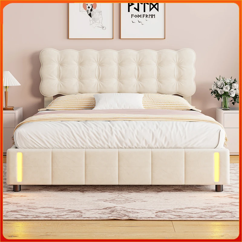Cadre de lit double Comanlai, lit rembourré, avec bande lumineuse LED et un compartiment de rangement à ouverture pneumatique