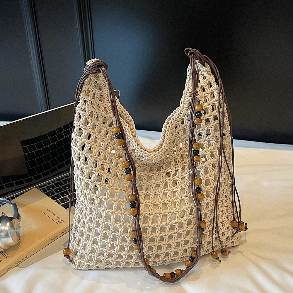 Woven Hollow Out Shoulder Bag Women's Wooden Bead Detail Beach Aesthetic Summer Vacation Daily Crossbody Bags 2026 Handbags