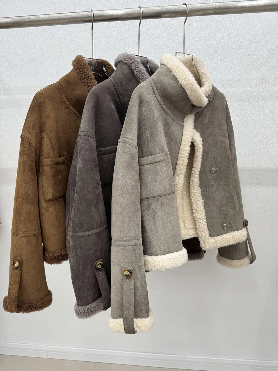 

Зимнее модное шерстяное замшевое короткое пальто из искусственного меха для женщин