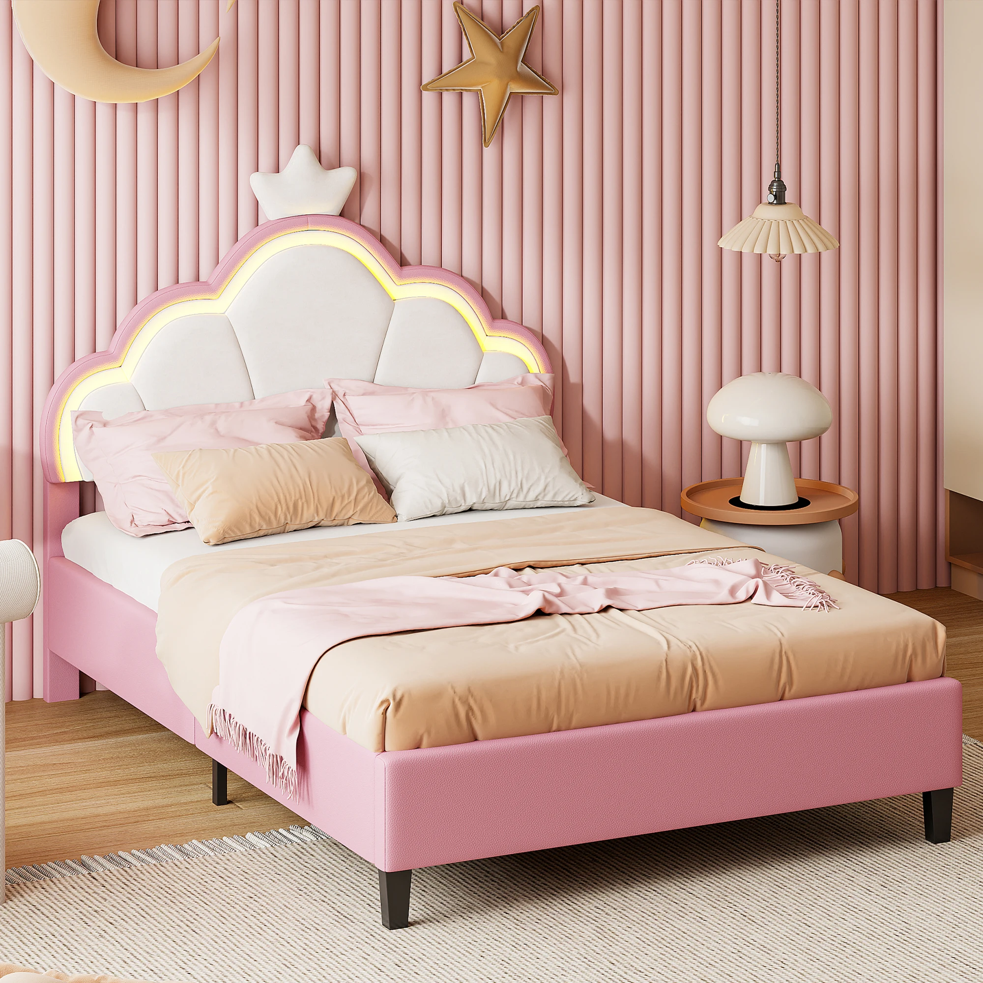 90x140 cm/200 x cm rosa pu Kinder bett rahmen, mit LED und kronen förmigem Kopfteil, Schlafzimmer