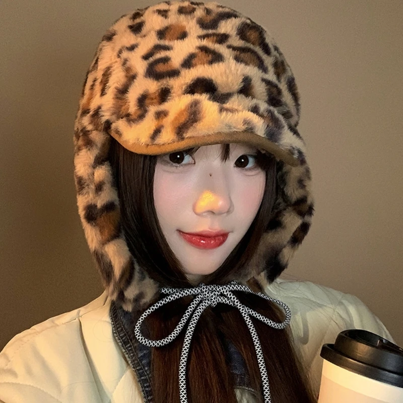 MXMB Plush Leopards Print Winter Hat Water Resistant Snow Winter Hat Foldable Hat