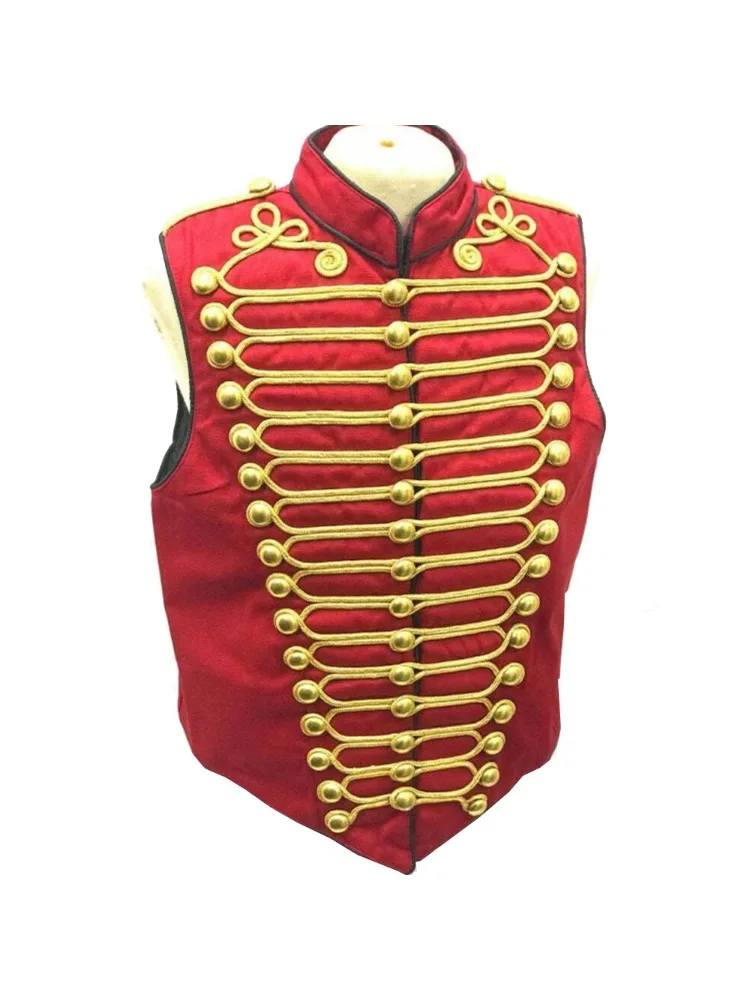 Männer Mittelalter Weste Cosplay Rock Band Rote Wildleder Jacke Punk Militär Schlagzeuger Ärmellose Parade Weste Soldat Schlagzeuger Bühnenkostüm