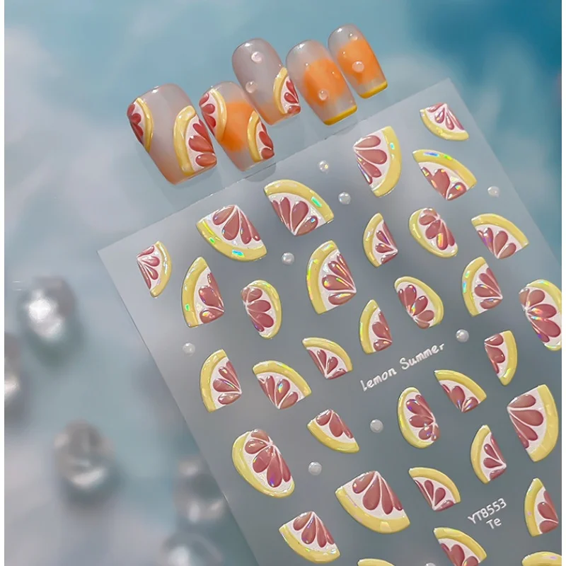 Sweet Lemon Print Shining 5D Tropical Fruit Summer Juicy Grapefruit Nail Stickers 3D Nail Decoration Stickers DIY Manicure Decal