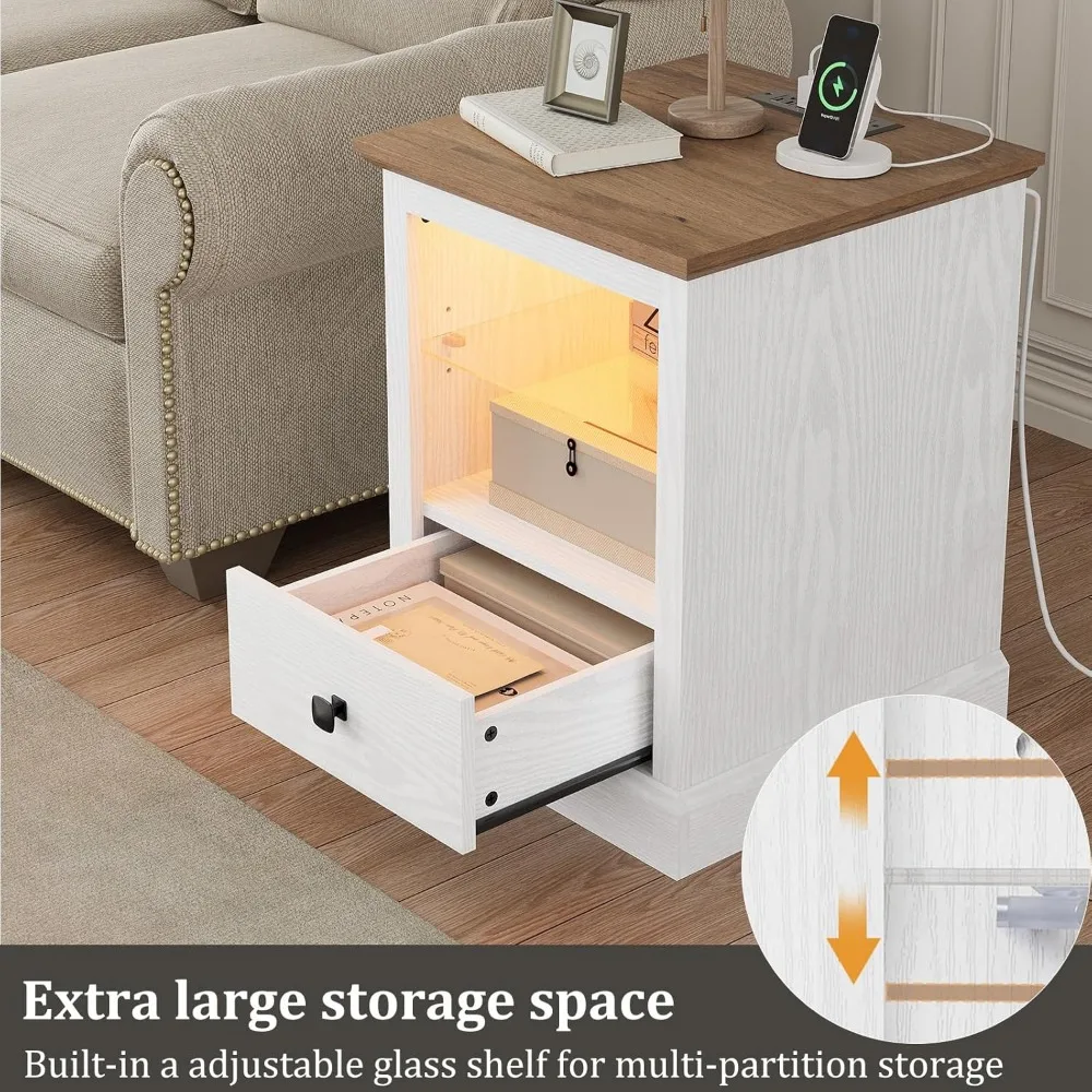 LED Lighted Charging Station Nightstand Set of 2, Modern End Tables with Adjustable Shelves, Storage Drawers, White Finish