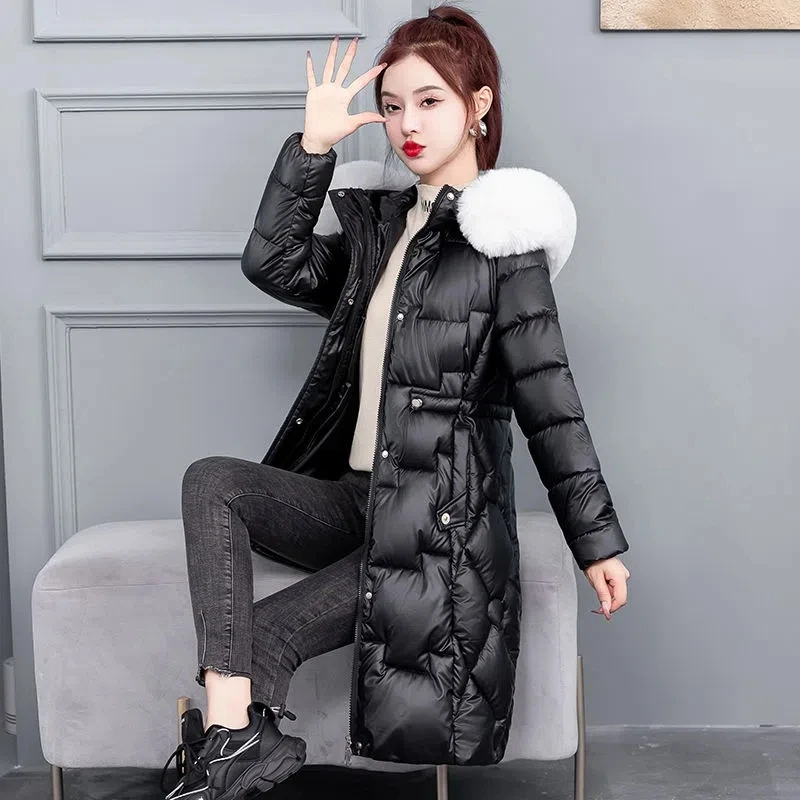 2023 New cotton coat, bright face, down cotton coat, women\'s long cotton-padded jacket, women\'s slim and thick cotton coat