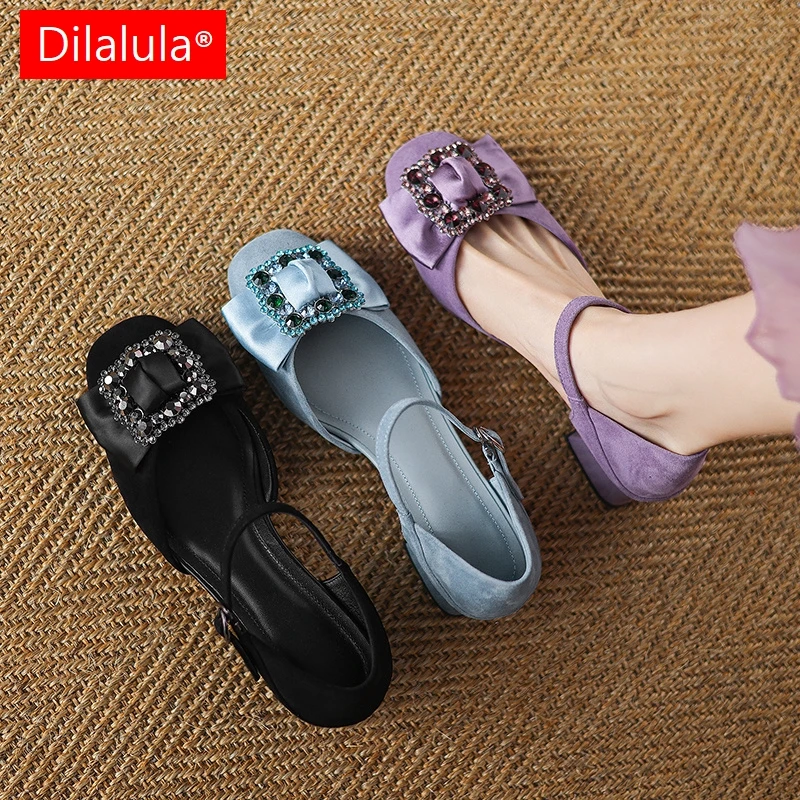 

Dilalula 2025 Genuine Kid Suede Butterfly Knot Women Sandals Covered Toe Cover Heel Rhinestone Decoration Dress Sandals Ladies
