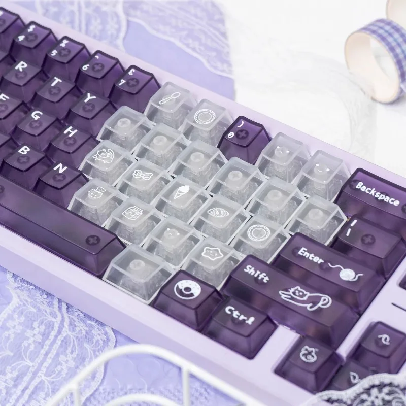 Cute Meow Dessert Theme Keycaps Purple Mist Transparent PC Cherry Profile Custom Gaming Keycaps for Mechanical Keyboard PC Gift