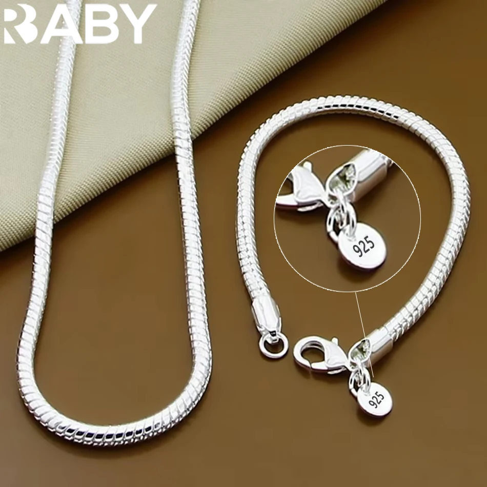 

40-60cm 925 sterling Silver solid 3MM Chain Snake Necklace Bracelet Fashion Jewelry For Women Men Sets Charm Wedding