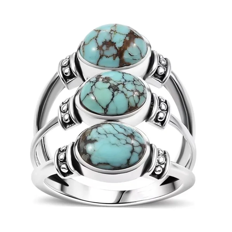 Vintage-Ring für Damen mit eingelegtem Türkisimitat, ethnische Silberfarbe, handgeschnitzt, für den täglichen Gebrauch, Partyschmuck, Jubiläumsgeschenk