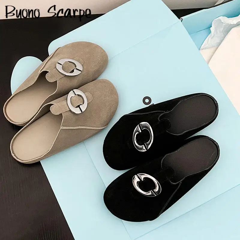 

Luxury Designer Genuine Leather Metal Decoration Round Toe Women Pumps Outdoor Slippers Solid Color Fashion Western Casual Shoes