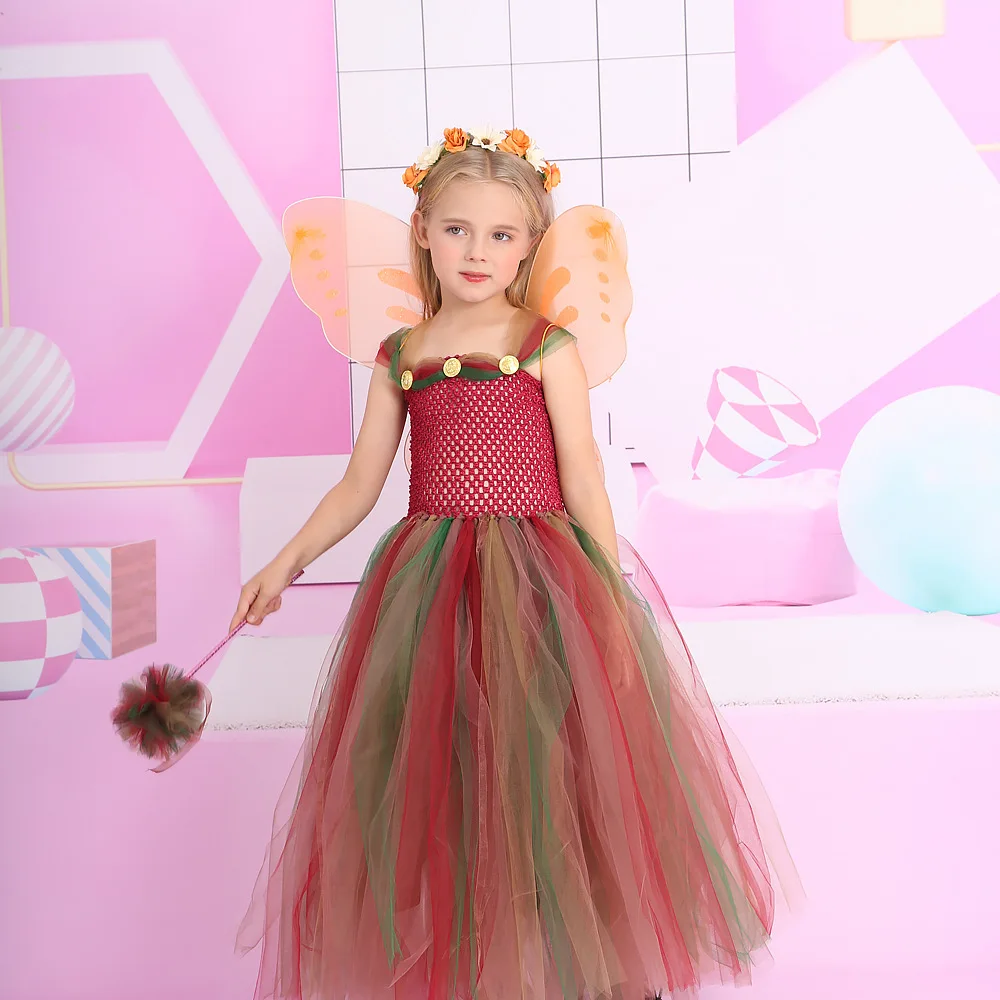 Girls Halloween New Fairy Tulle Dress Set Sleeveless Layered Mesh Gown With Decor Wings And Magic Wand Kids Soft Fashion Apparel