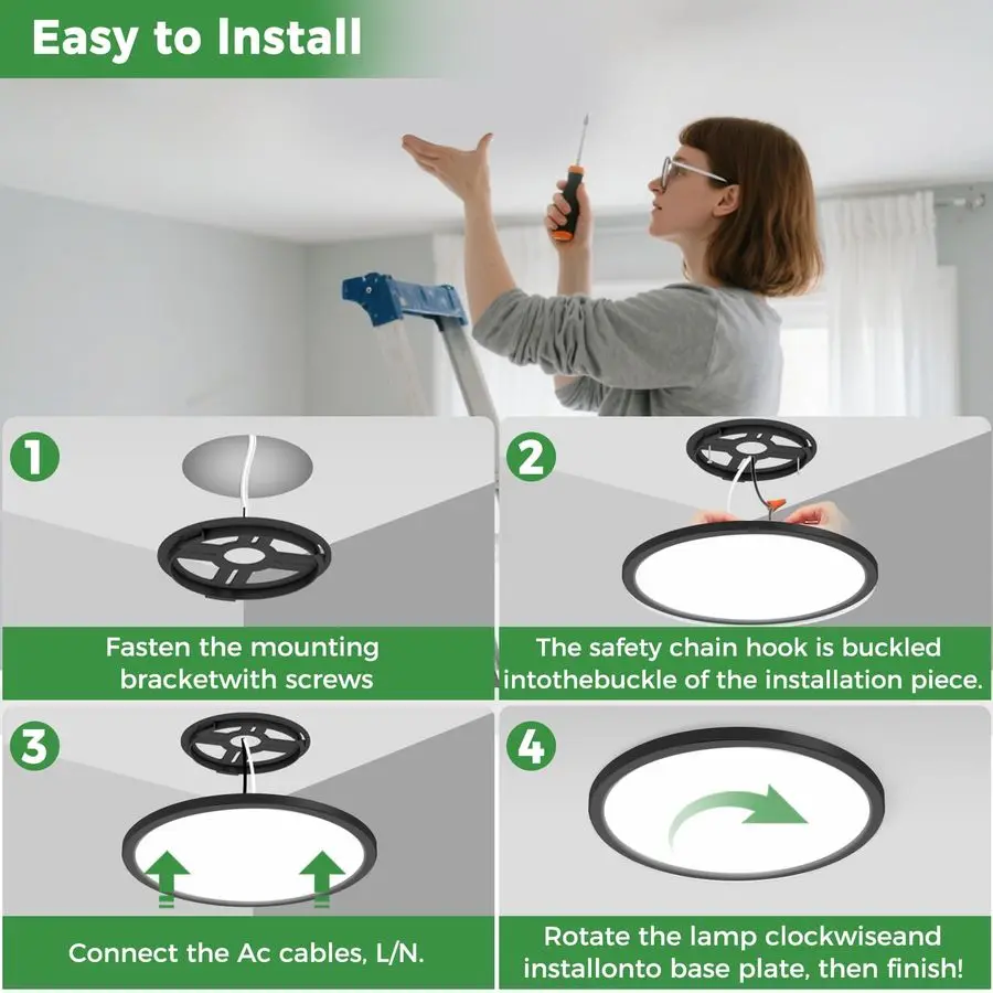 Luminária de Teto LED Embutida 4 Peças, 12 Polegadas 24W Regulável, 5 Temperaturas de Cor 3000K-6500K, Redonda Preta