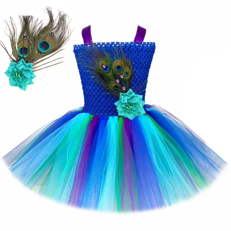 Peacock Princess Dress for Girls Birthday Carnival Party Halloween Costume Flower Feathers Baby Kids Fancy Tutu Dress Vestidos