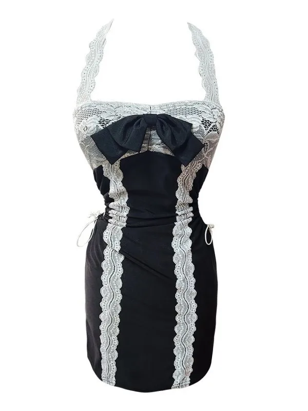 Neck holder Spitze Spitze Bogen reinen Wunsch Rock niedlich sexy würzig Mädchen rücken frei schlankes Kleid elegant für Frauen süße Spitze Mini kleid ht08